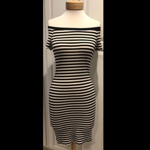 Black and White Off the Shoulder Midi Dress